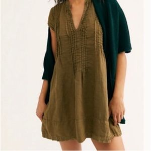 Free people CP Shades Yoko Tunic tan linen pleated tunic shirt dress size large